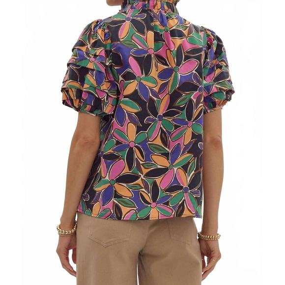 NEW ENTRO floral print short sleeve tiered detail blouse in multicolor